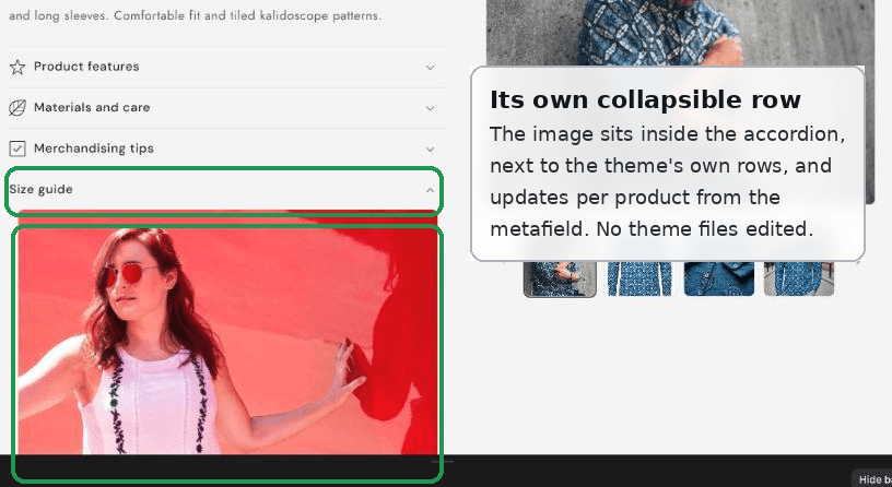A per-product image showing inside its own collapsible accordion row on a Shopify product page