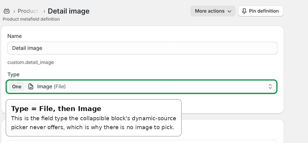 The Detail image product metafield in Shopify, set to type File then Image
