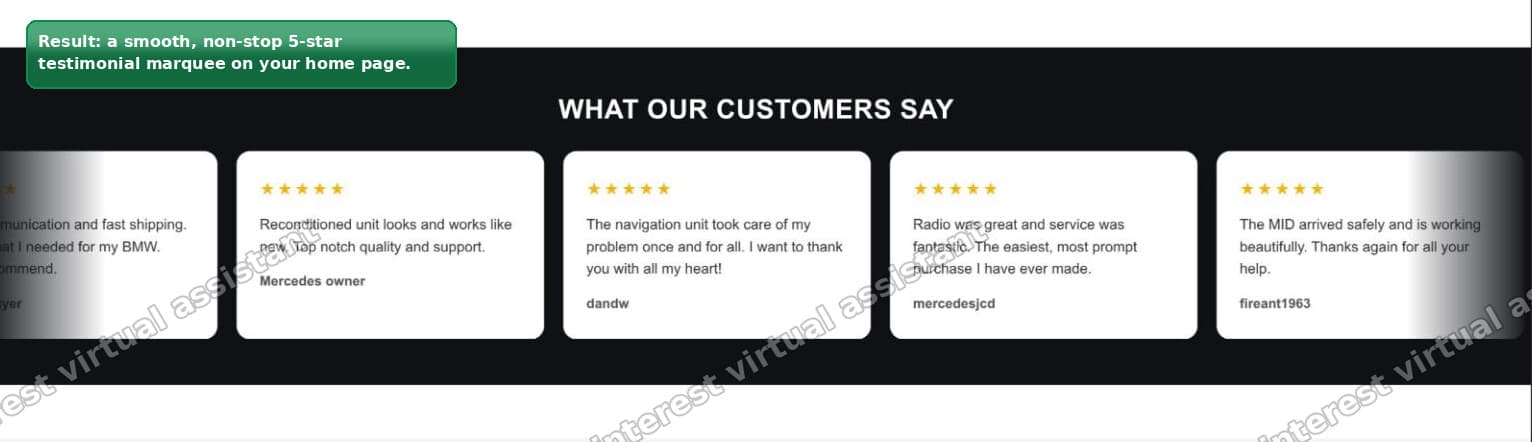 A scrolling testimonials marquee live on a Shopify home page