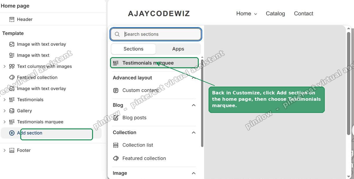 Adding the Testimonials marquee section from the Shopify theme editor