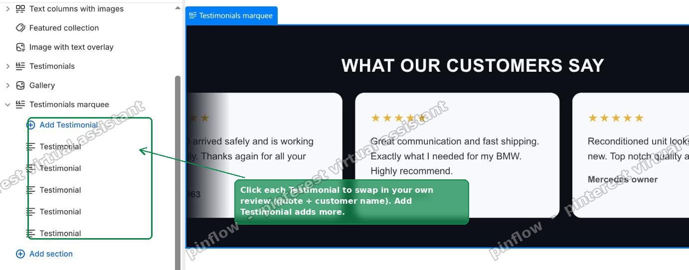 Editing the testimonial quote and name blocks in the Shopify theme editor