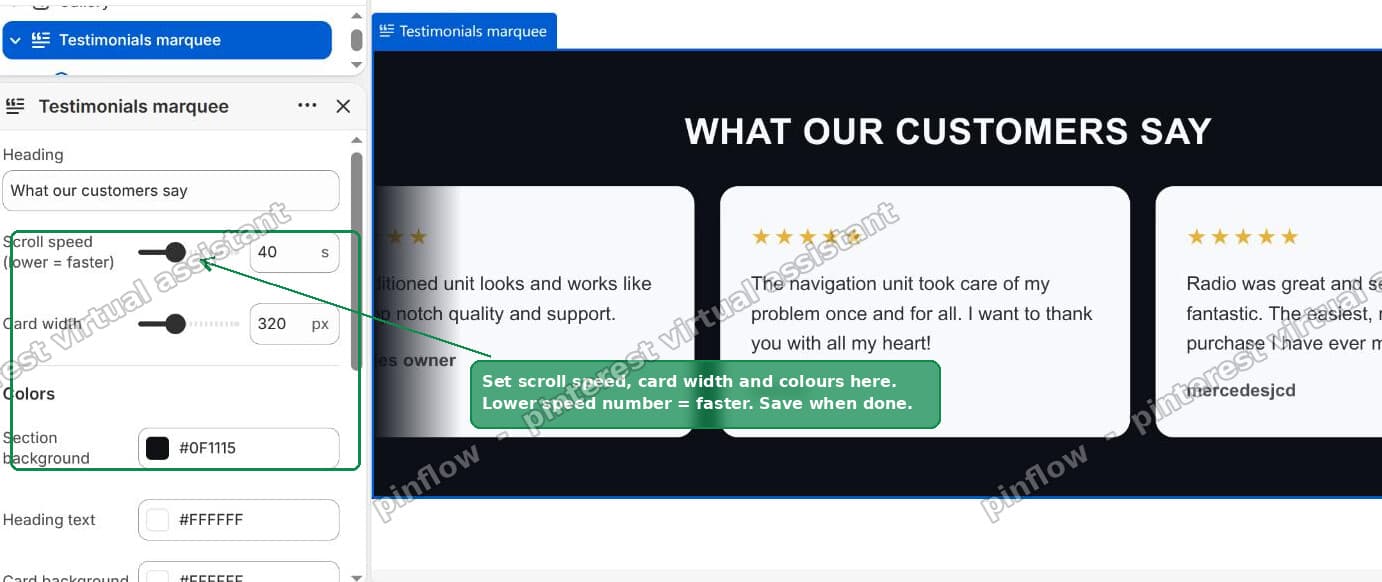 The Testimonials marquee settings: speed, card width, and colours