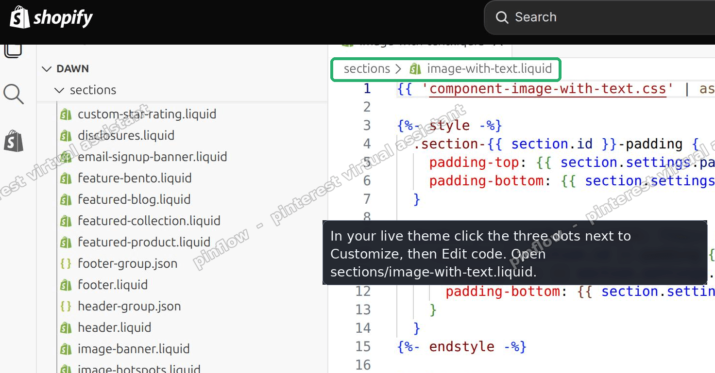 Editing image-with-text.liquid in the Shopify theme code editor