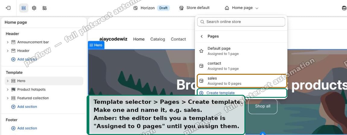 Template selector, Pages, Create template