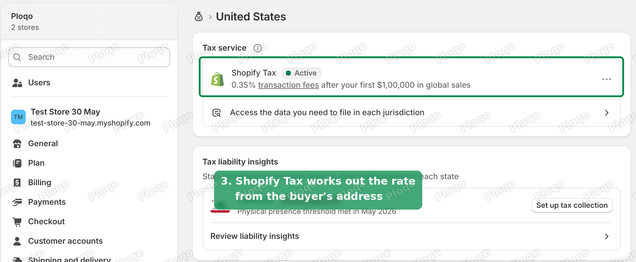Shopify Tax shown as Active in the United States tax service box