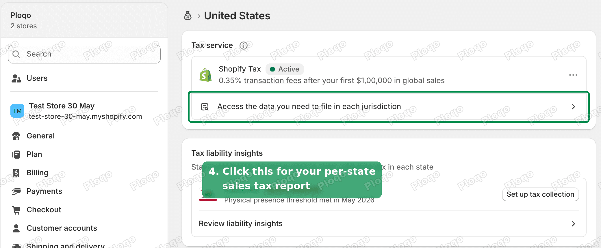 The Access the data you need to file in each jurisdiction link under Shopify Tax