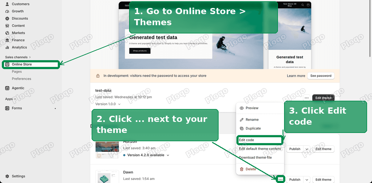 Online Store, the three-dot menu on the theme, and Edit code