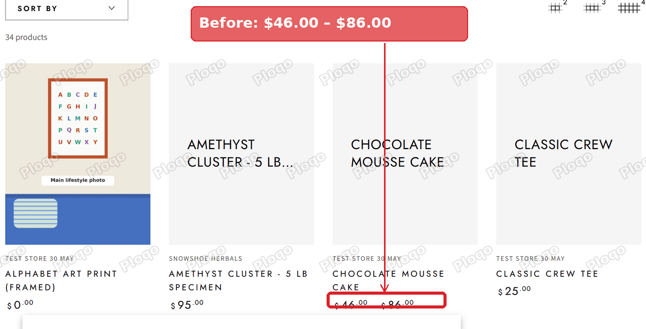 Before: the product card shows the price range 46.00 – 86.00