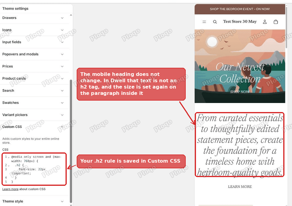 The h2 rule is saved in the Shopify Custom CSS box and the heading on mobile is still full size