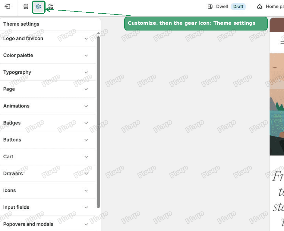 The gear icon in the Shopify theme editor opens Theme settings