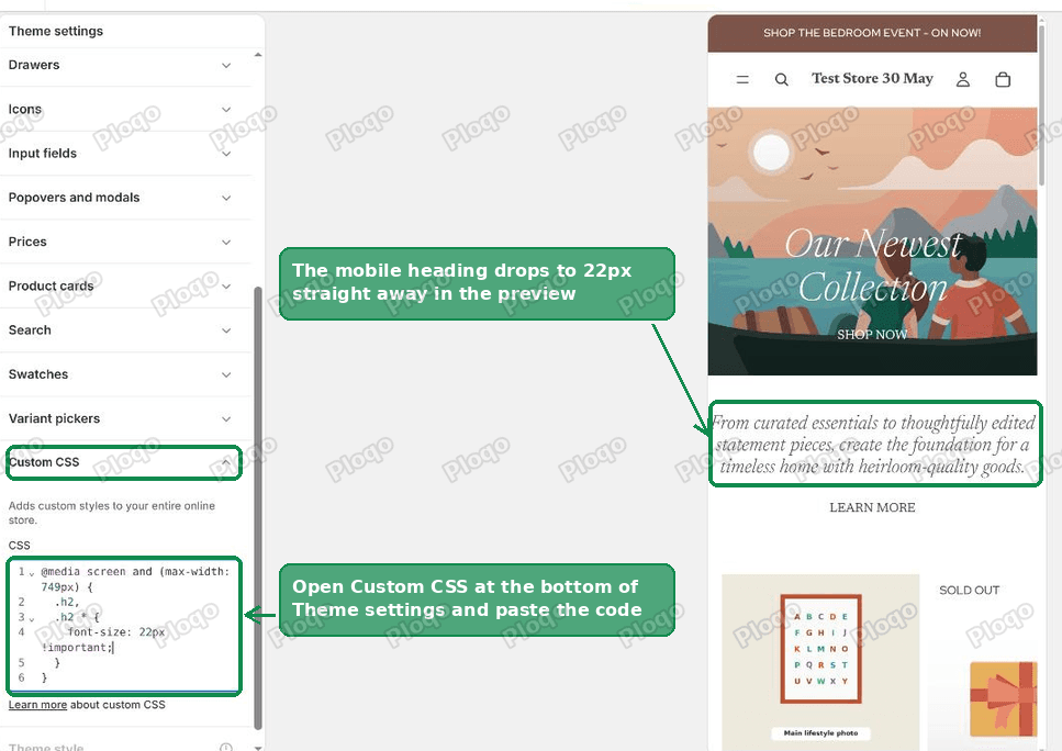 The Custom CSS box in Shopify Theme settings with the mobile font size rule pasted in