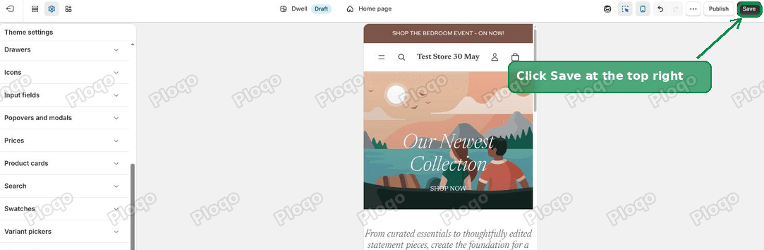 Click Save at the top right of the Shopify theme editor