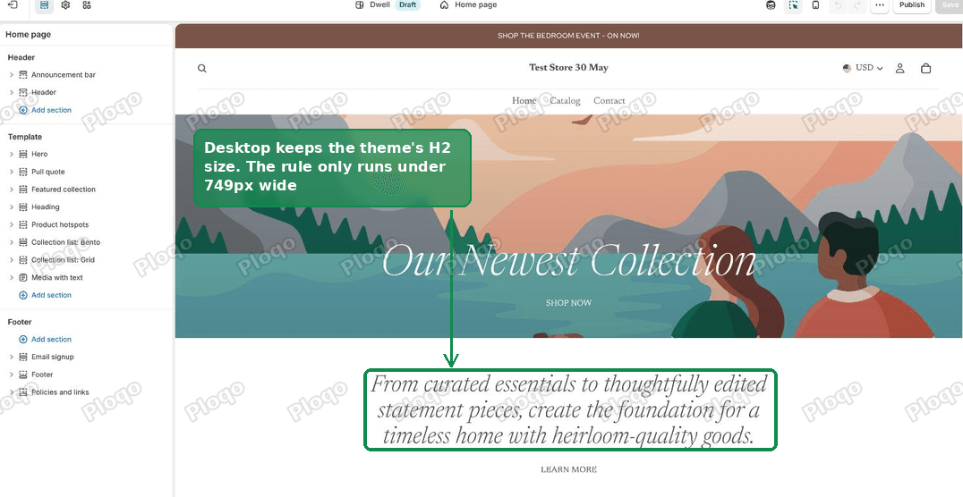 The desktop preview shows the Shopify heading still at the theme's full H2 size
