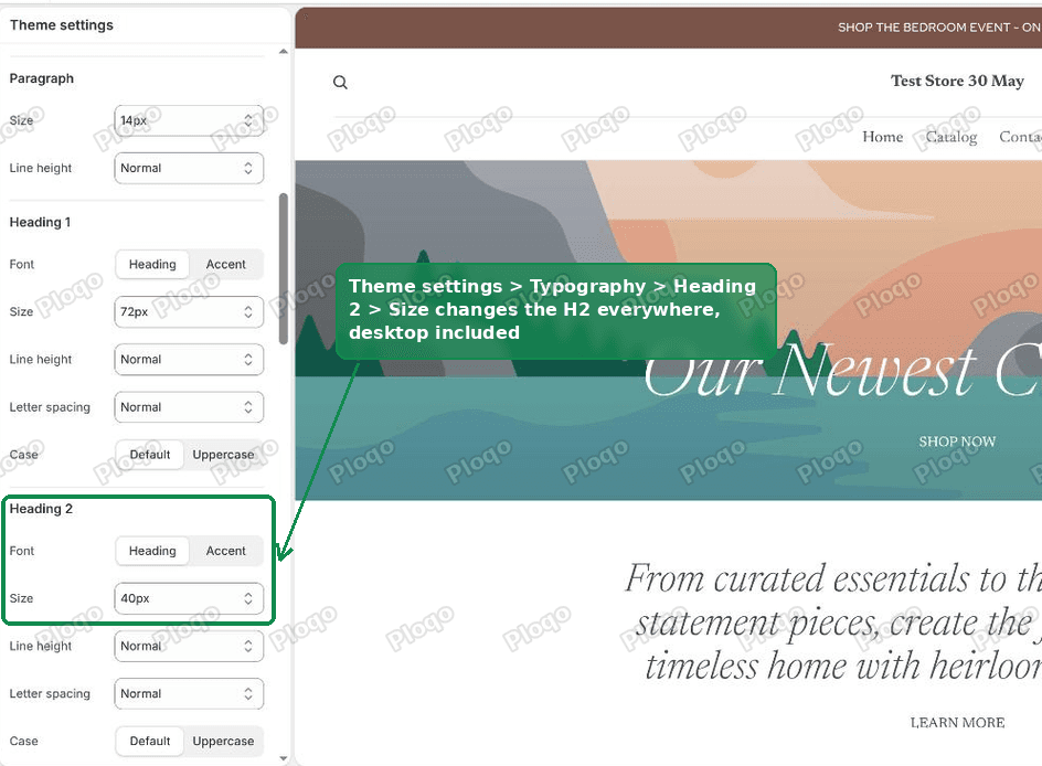 Theme settings Typography panel in Shopify showing Heading 2 size set to 40px