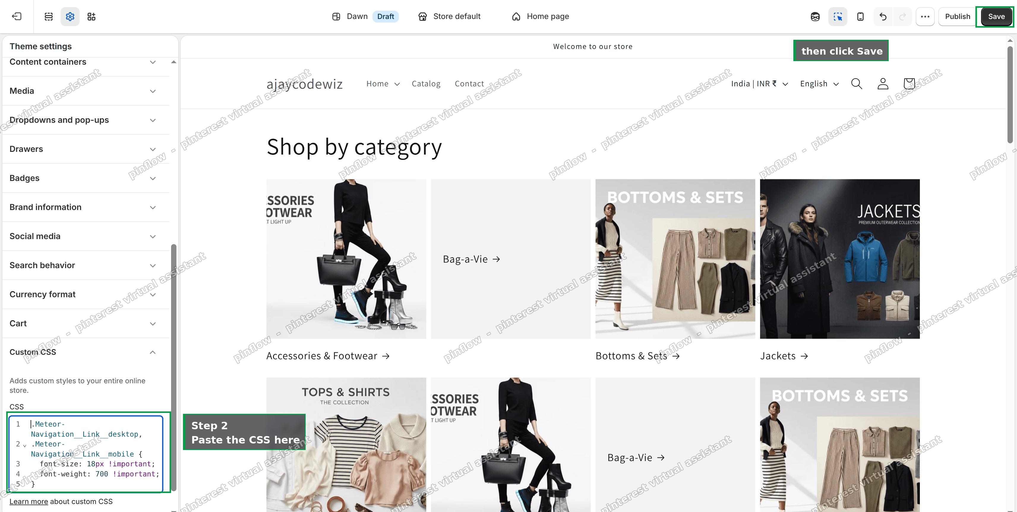 Theme settings panel open on Custom CSS, with code pasted and the Save button