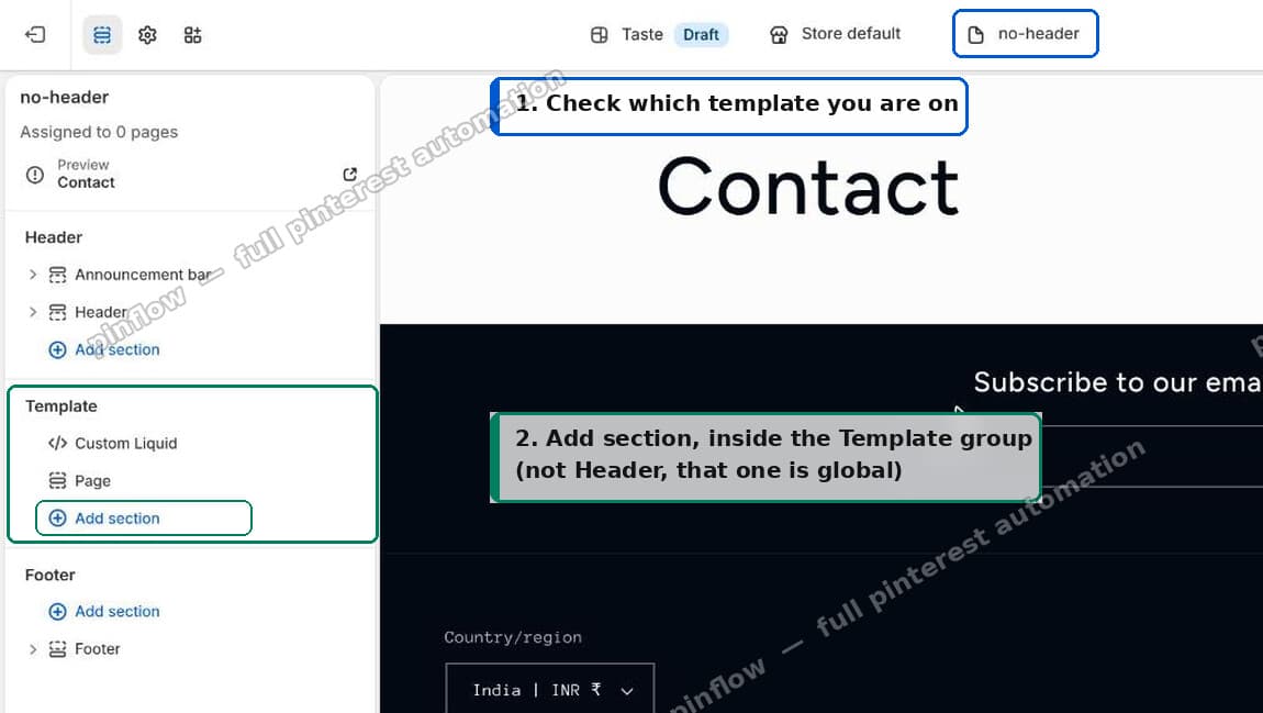 Pick your template, then Add section in the Template group