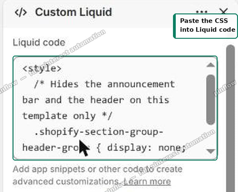 Paste the CSS into the Liquid code box