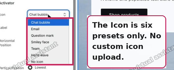 The chat button Icon is six presets with no upload option|600x243