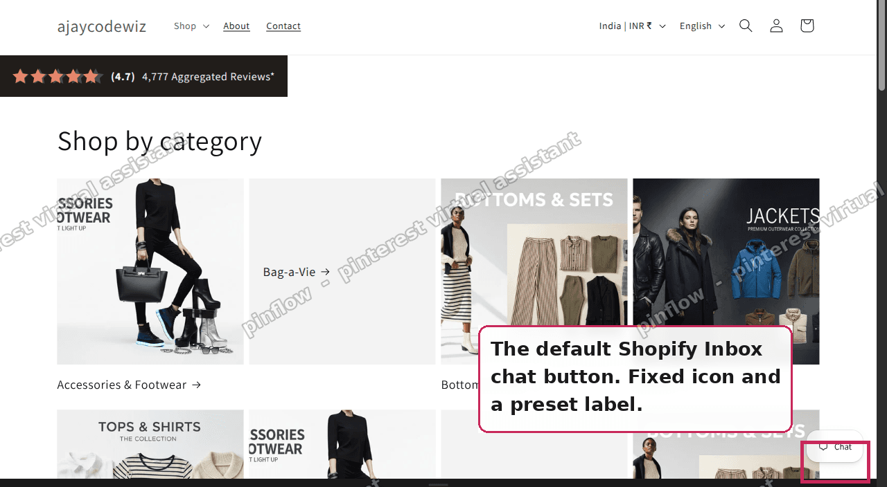 The default Shopify Inbox chat button on a test store|1280x704