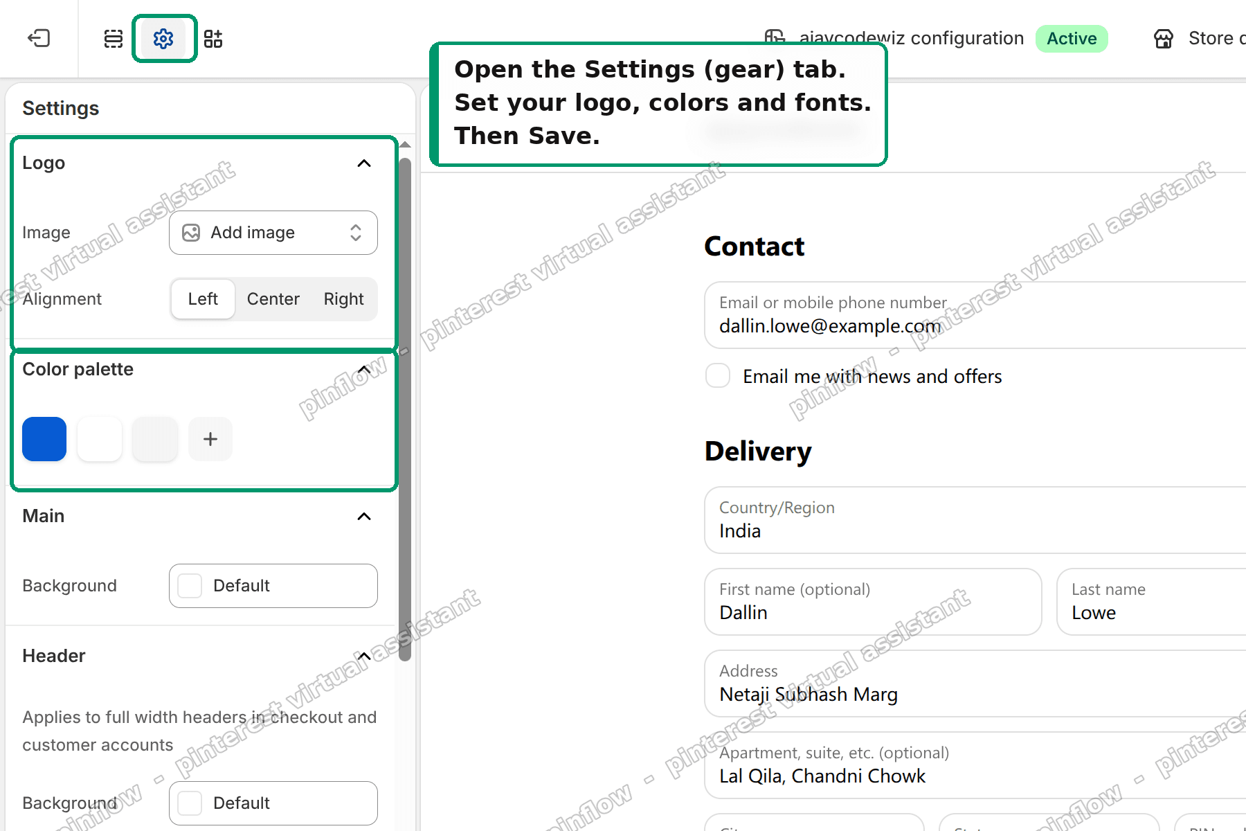 The branding editor showing logo, color palette, and font controls