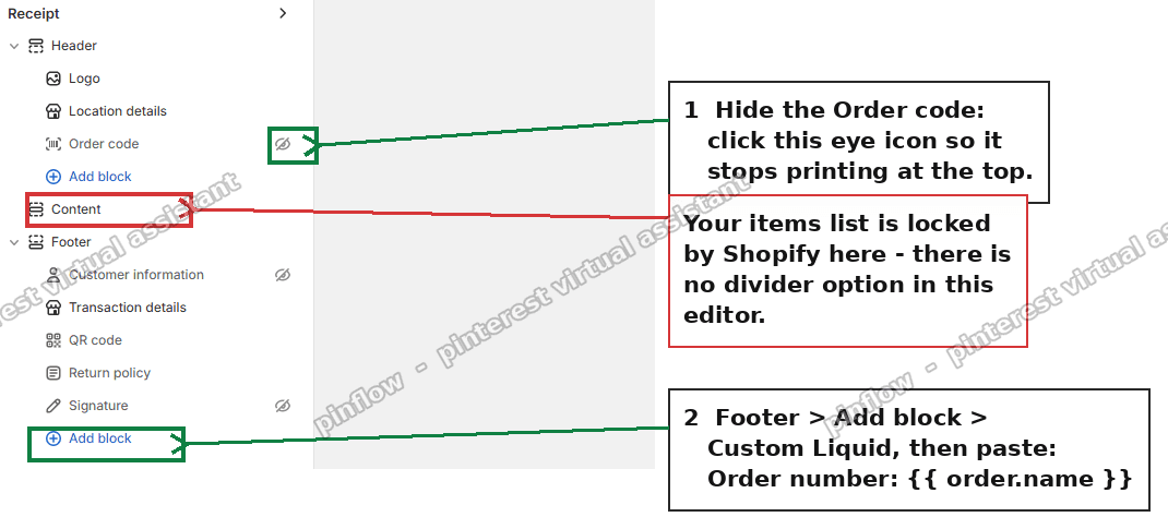 Hide the order code in the Header, then add it to the Footer