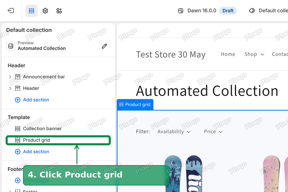 Dawn theme editor section list with Product grid marked