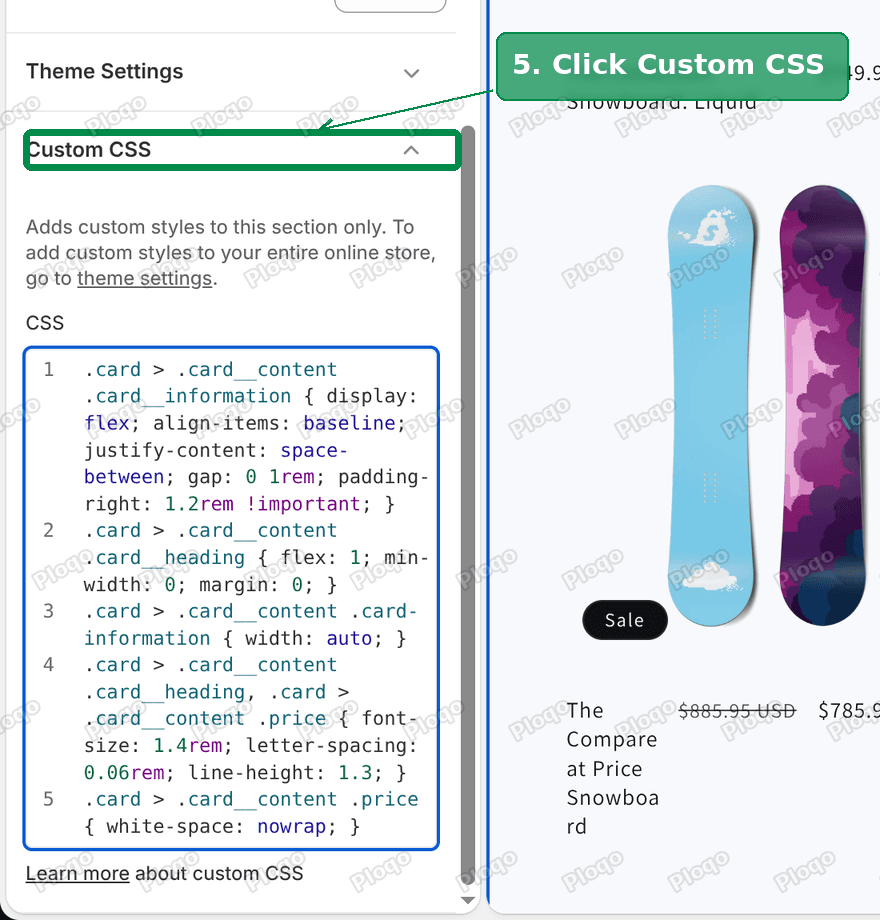 Product grid settings scrolled to the bottom, with Custom CSS marked