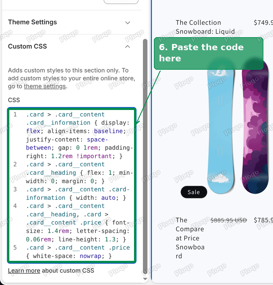 Custom CSS box with the code pasted in