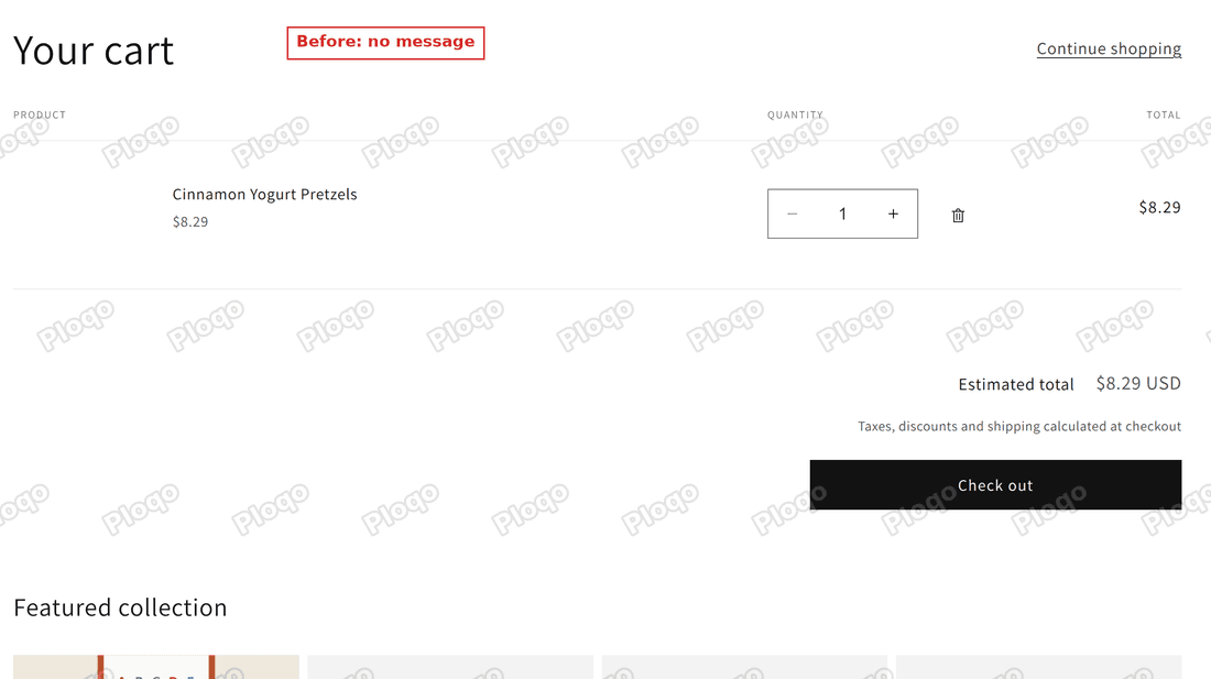 Cart page with one pickup-only product and no message