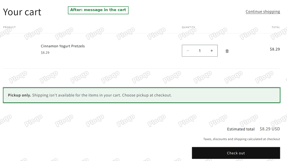 Cart page with a green message saying pickup only and shipping is not available