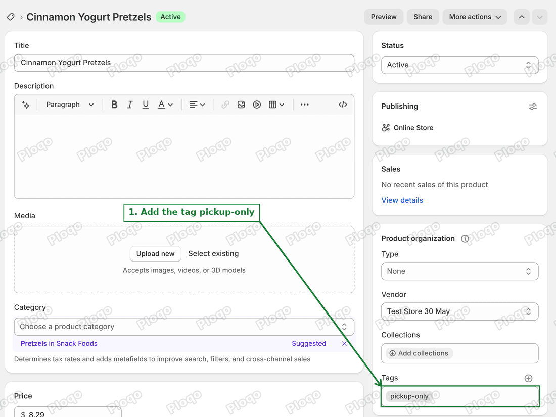 Product page in Shopify admin with the pickup-only tag added