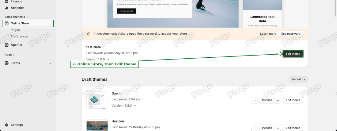 Online Store themes page with the Edit theme button highlighted