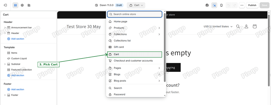 Theme editor page list open with Cart selected
