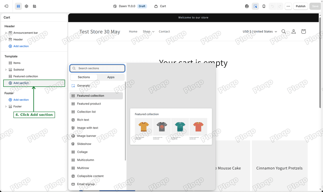 Cart template in the editor with the Add section button highlighted