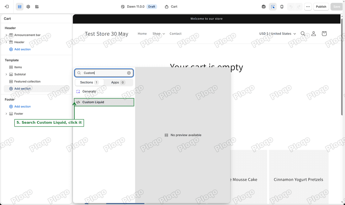 Add section search showing Custom Liquid