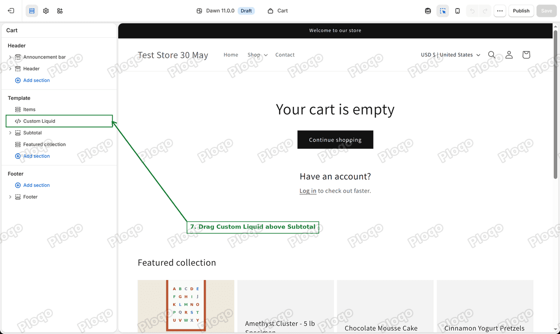 Left list in the editor with Custom Liquid placed between Items and Subtotal