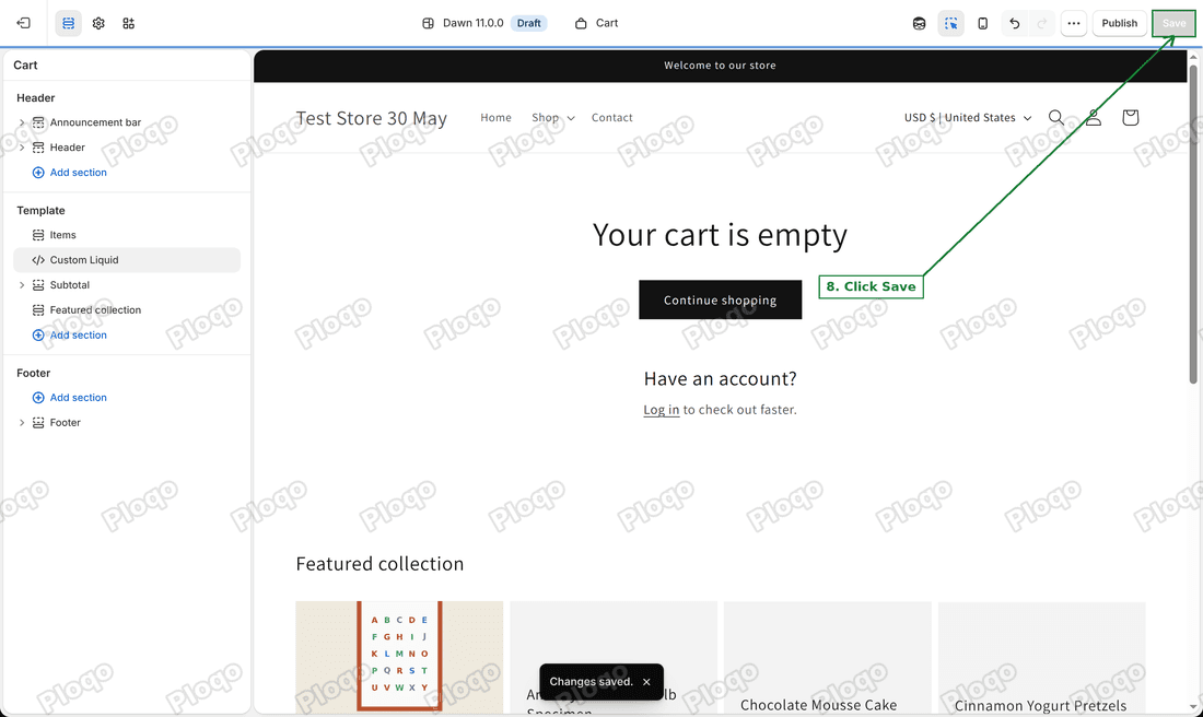 Theme editor with the Save button highlighted