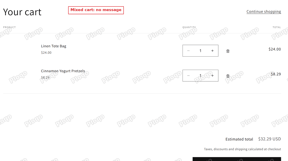 Cart page with two products, one pickup only, and no message