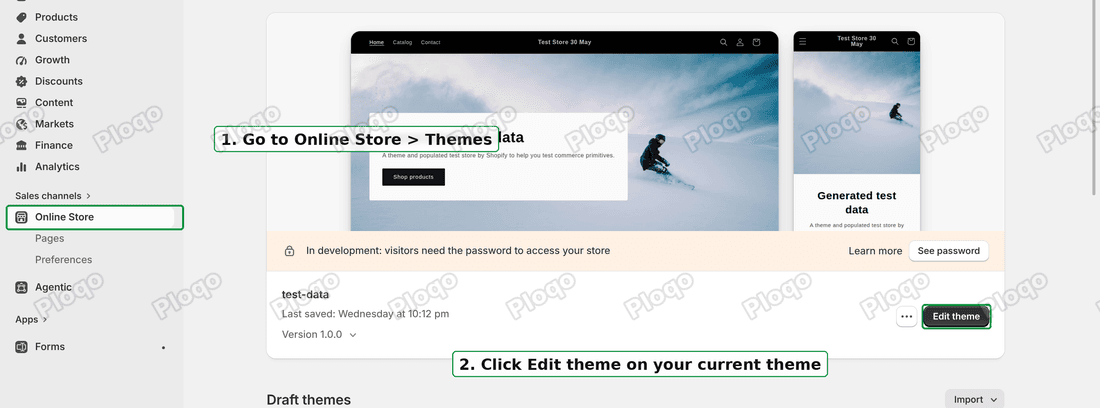 Online Store in the admin menu, then the Edit theme button on the current theme