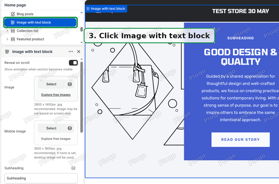 The Image with text block section selected in the Focal theme editor sidebar