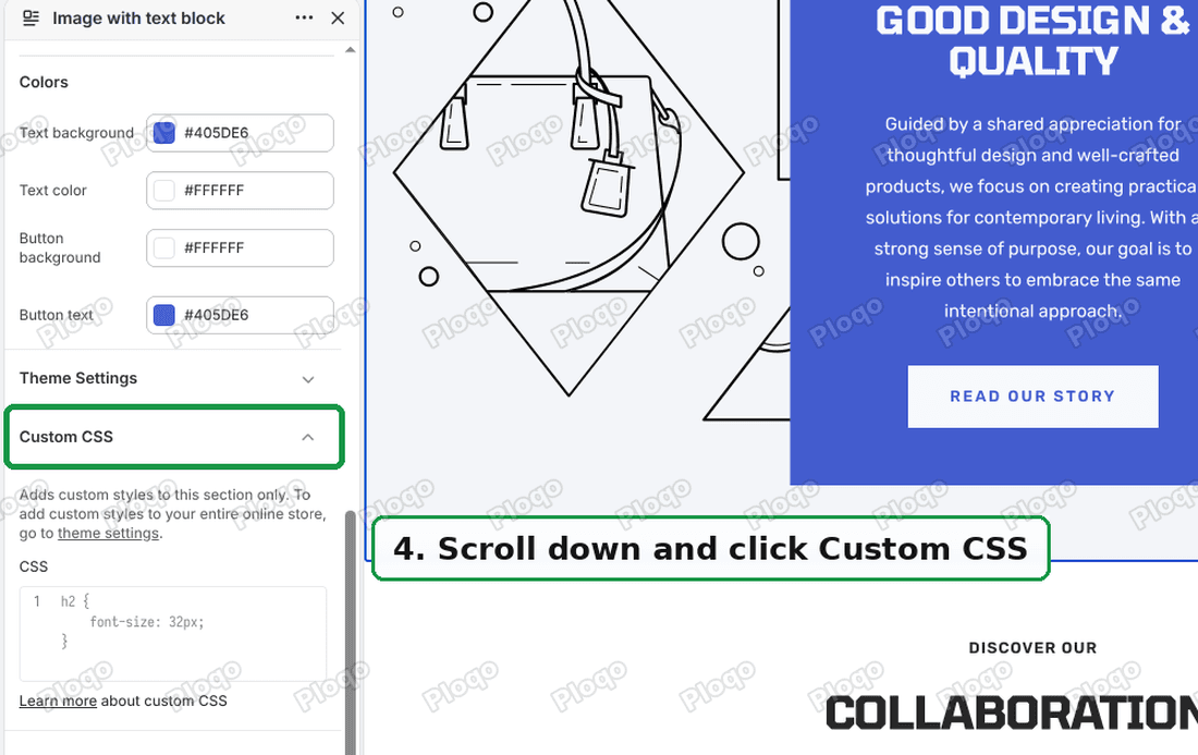 The Custom CSS heading at the bottom of the Image with text block settings, below Theme Settings