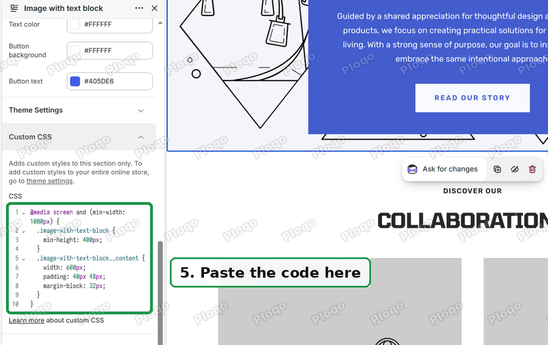 The code pasted into the section's Custom CSS box