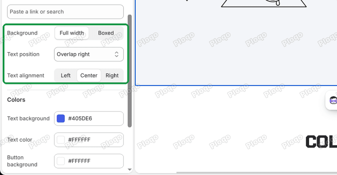 The Image with text block settings in Focal: Background, Text position and Text alignment, with no size setting