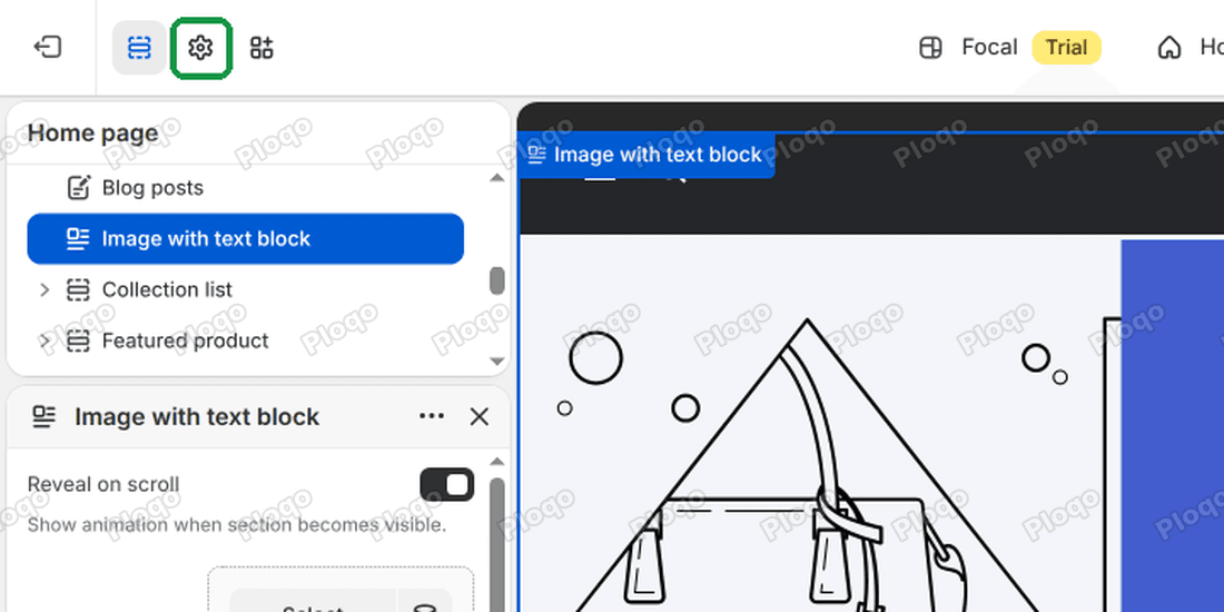 The Theme settings gear icon at the top left of the theme editor