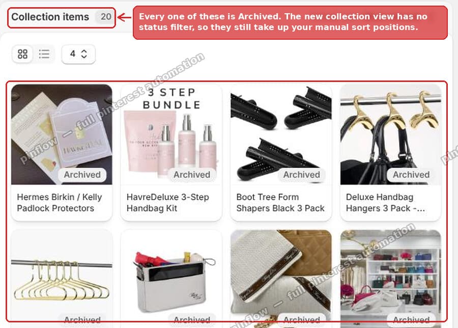 A Shopify collection where every product is archived, with no status filter available
