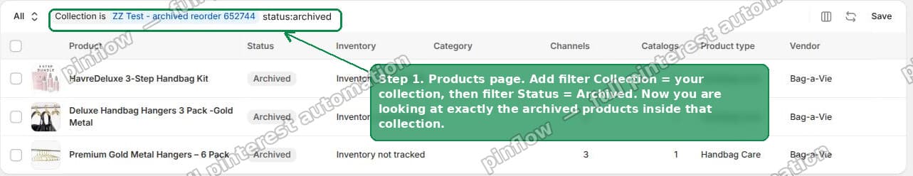 Shopify Products page filtered by collection and archived status