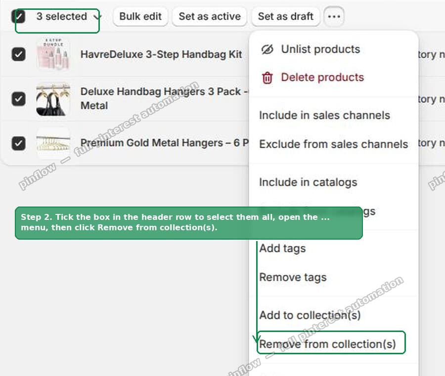 The Remove from collections bulk action in the Shopify admin