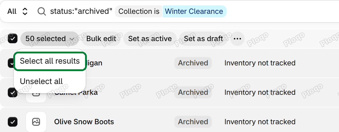 The Select all results option in the Shopify Products list after filtering by collection and Archived status