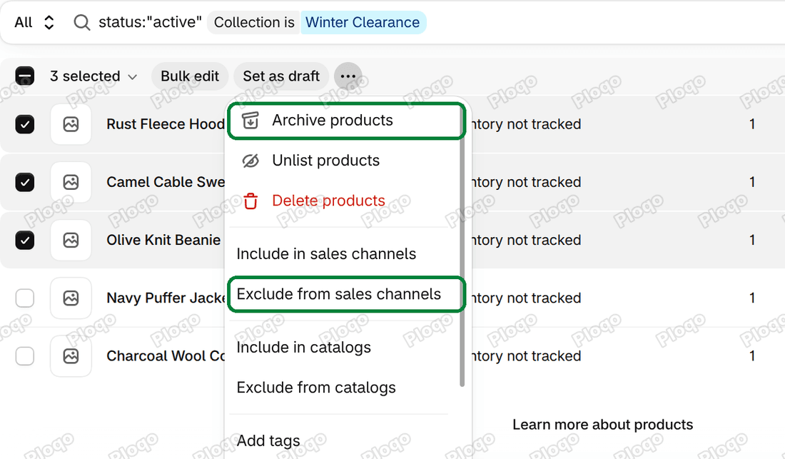 The bulk action menu on the Shopify Products list with Archive products, Unlist products and Exclude from sales channels