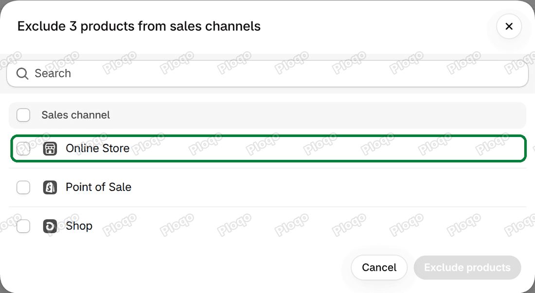 The Exclude from sales channels dialog in Shopify with the Online Store sales channel selected